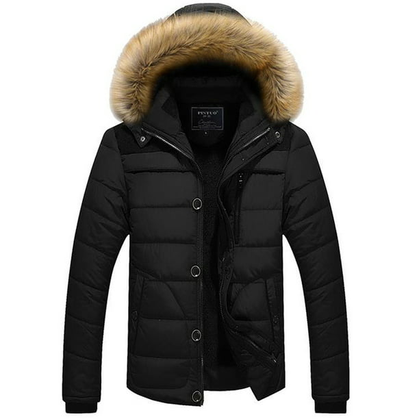 Mens Autumn Winter Casual Long Sleeve Hooded Fur Collar Thick Cotton Jacket Mens Leather Jacket with Hood 